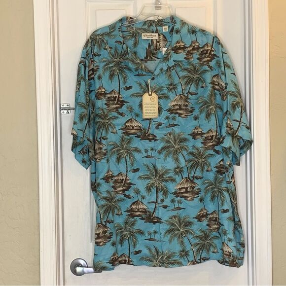 Caribbean Hawaiian Aloha Teal Blue Tiki Hut Button Down Silk Shirt Size 4XB - Picture 11 of 12
